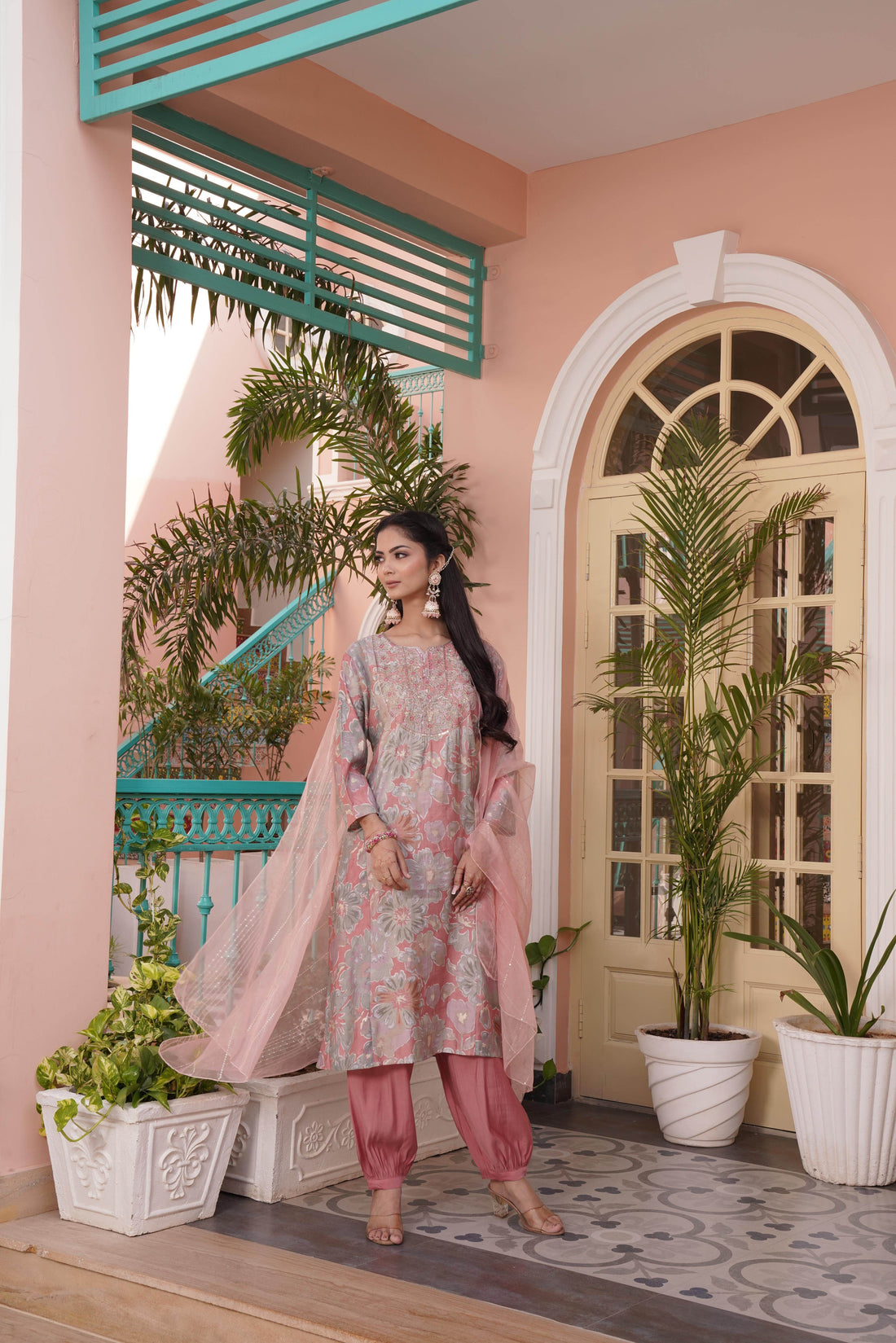 Diya Coral Chanderi Kurta Set with Dupatta - BulBul