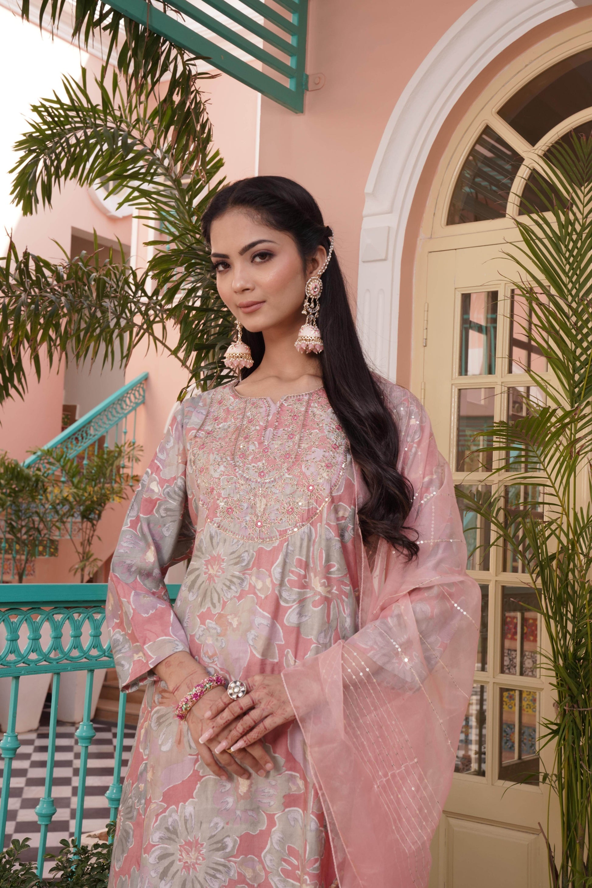 Diya Coral Chanderi Kurta Set with Dupatta - BulBul