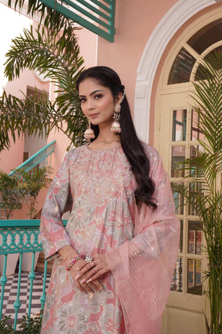 Diya Coral Chanderi Kurta Set with Dupatta - BulBul