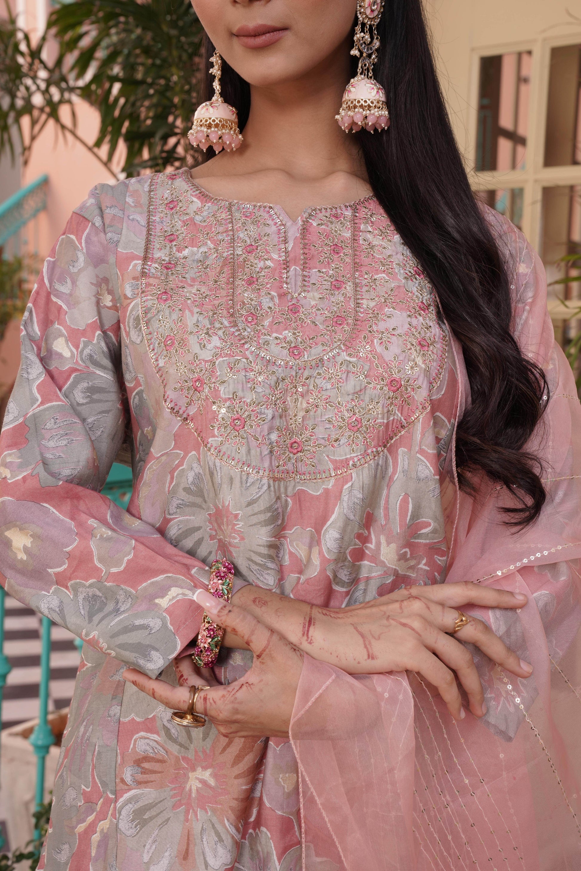 Diya Coral Chanderi Kurta Set with Dupatta - BulBul