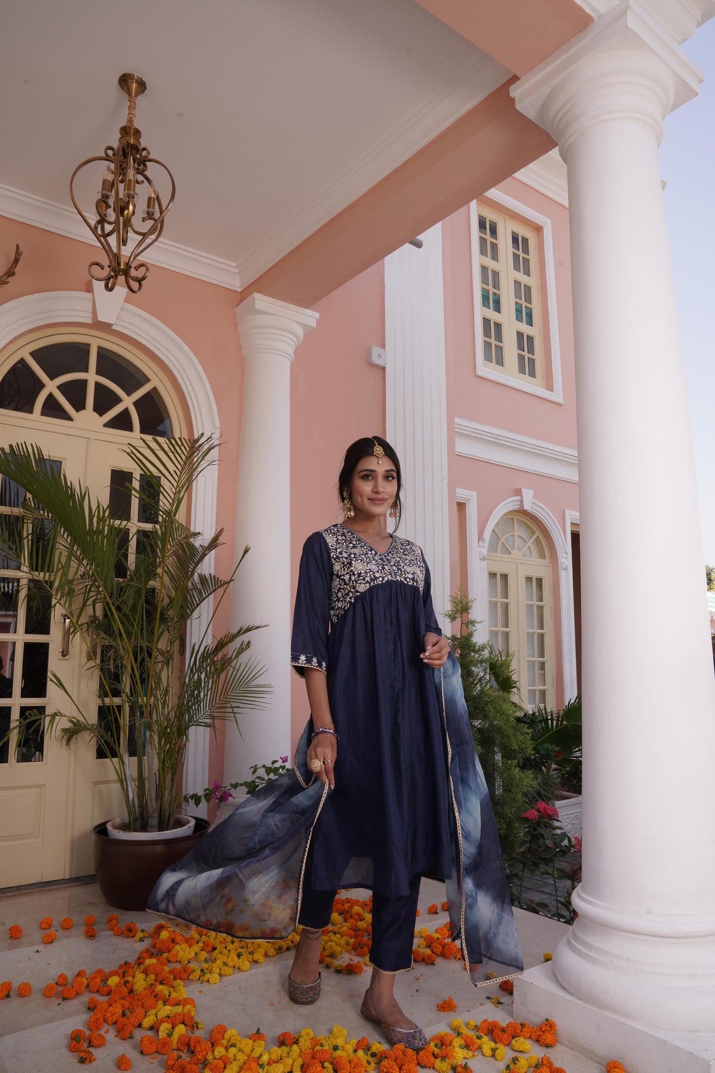 Farani Silk Navy Kurta Set with Dupatta