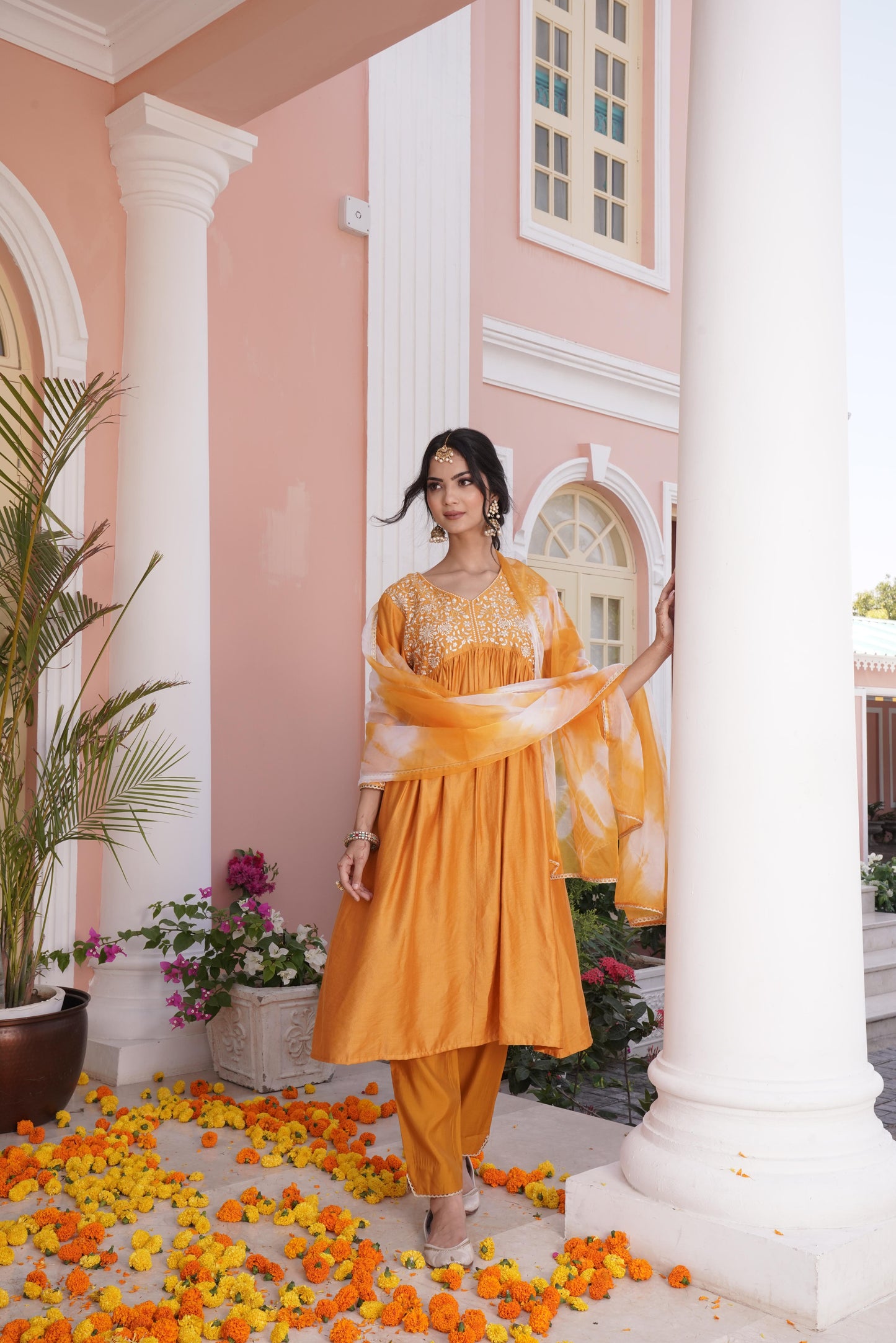 Farani Silk Mustard Kurta Set with Dupatta