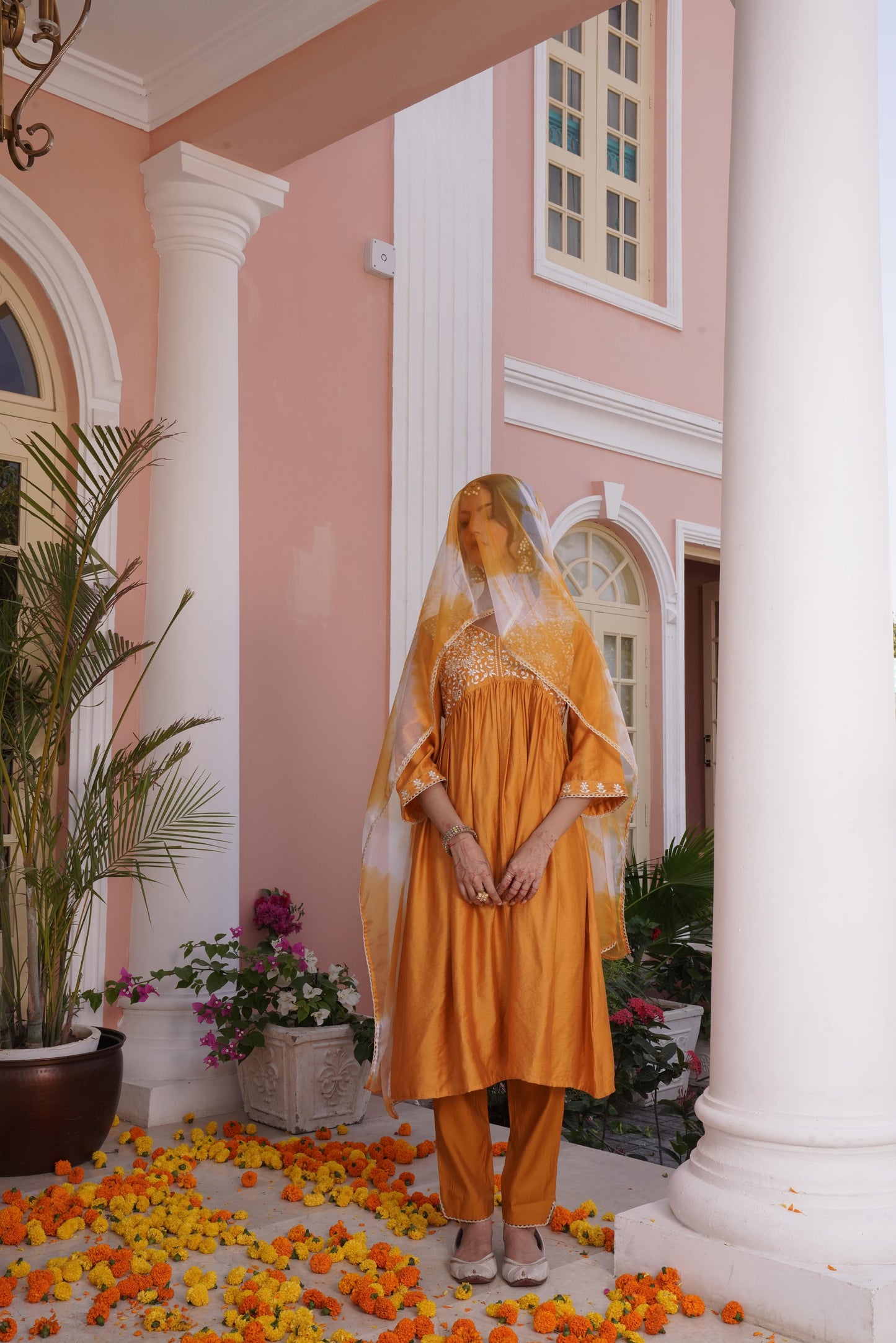 Farani Silk Mustard Kurta Set with Dupatta