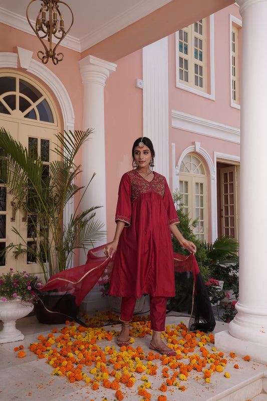 Farani Silk Maroon Kurta Set with Dupatta