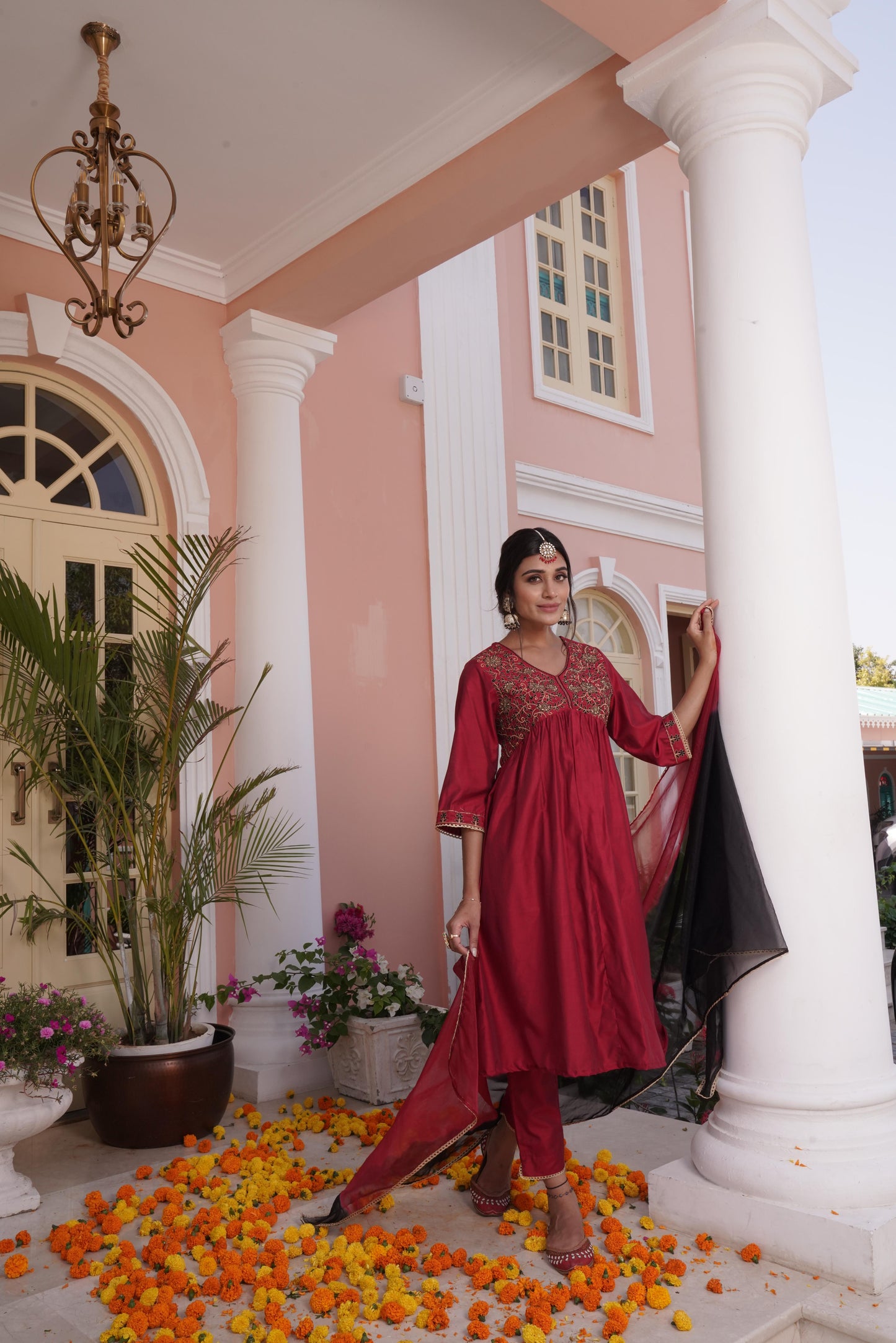 Farani Silk Maroon Kurta Set with Dupatta