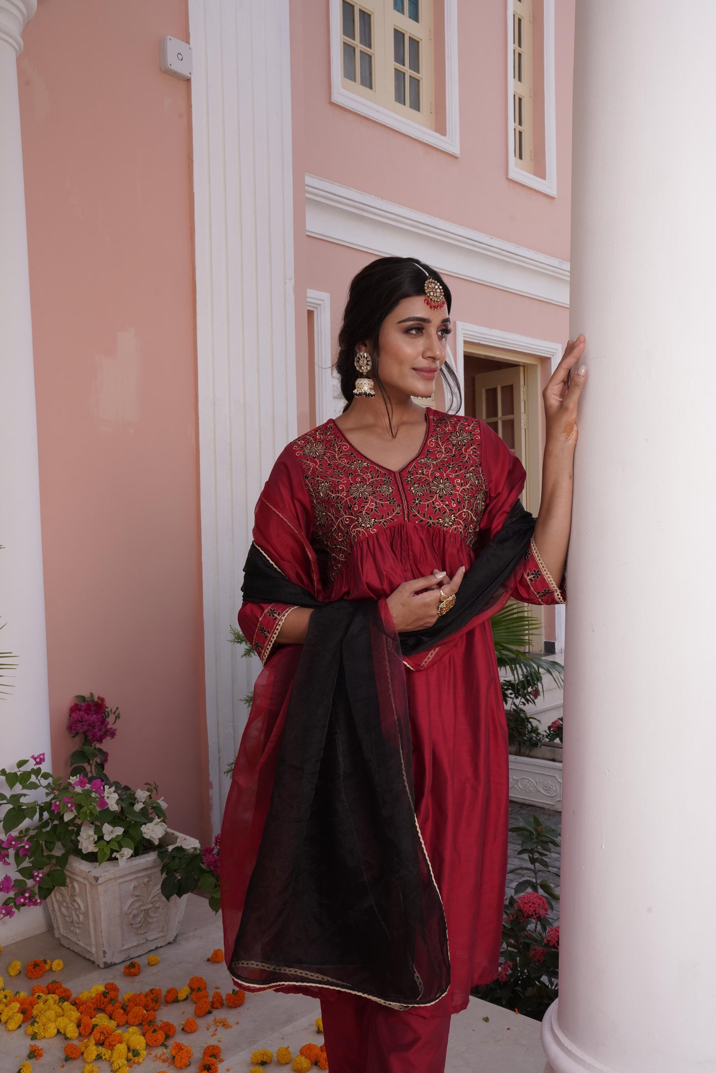 Farani Silk Maroon Kurta Set with Dupatta