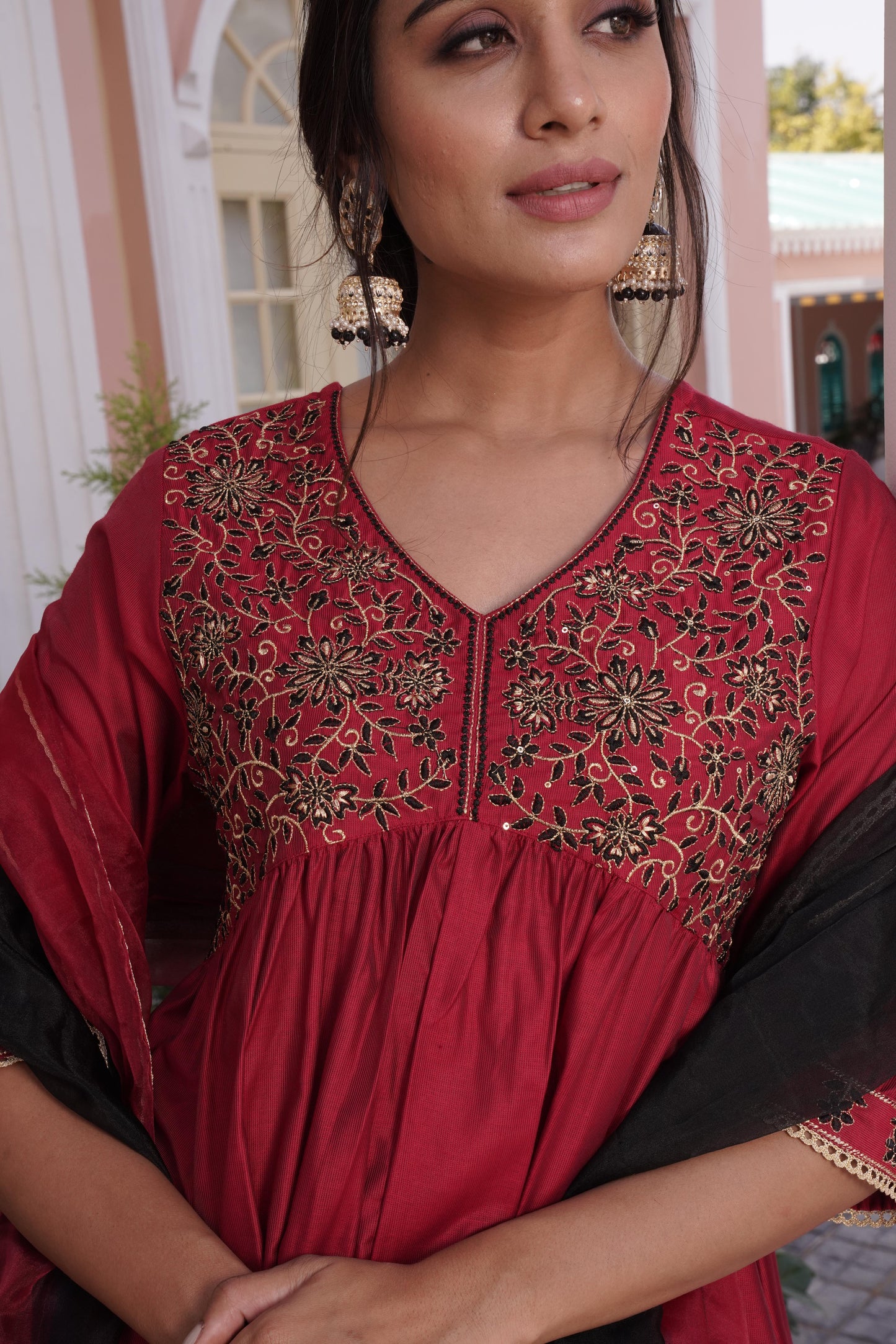 Farani Silk Maroon Kurta Set with Dupatta