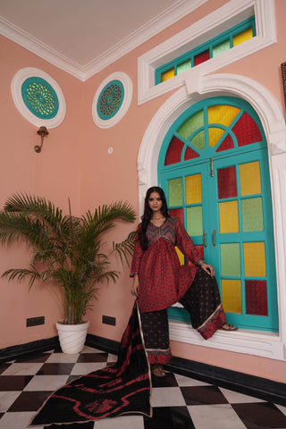 Kanishka Chanderi Red Kurta Set with Dupatta - BulBul