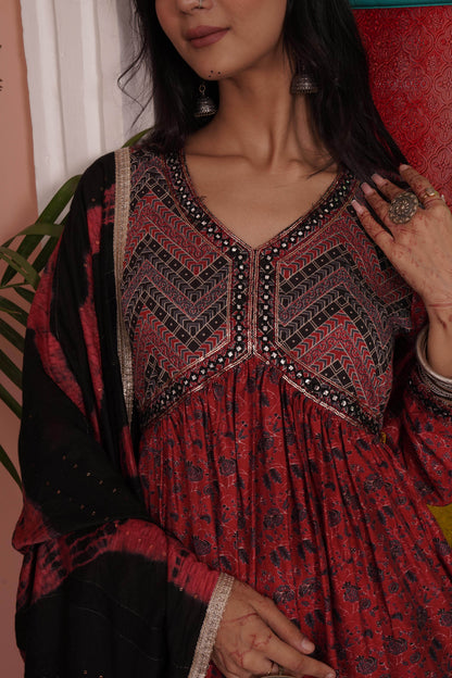 Kanishka Chanderi Red Kurta Set with Dupatta - BulBul