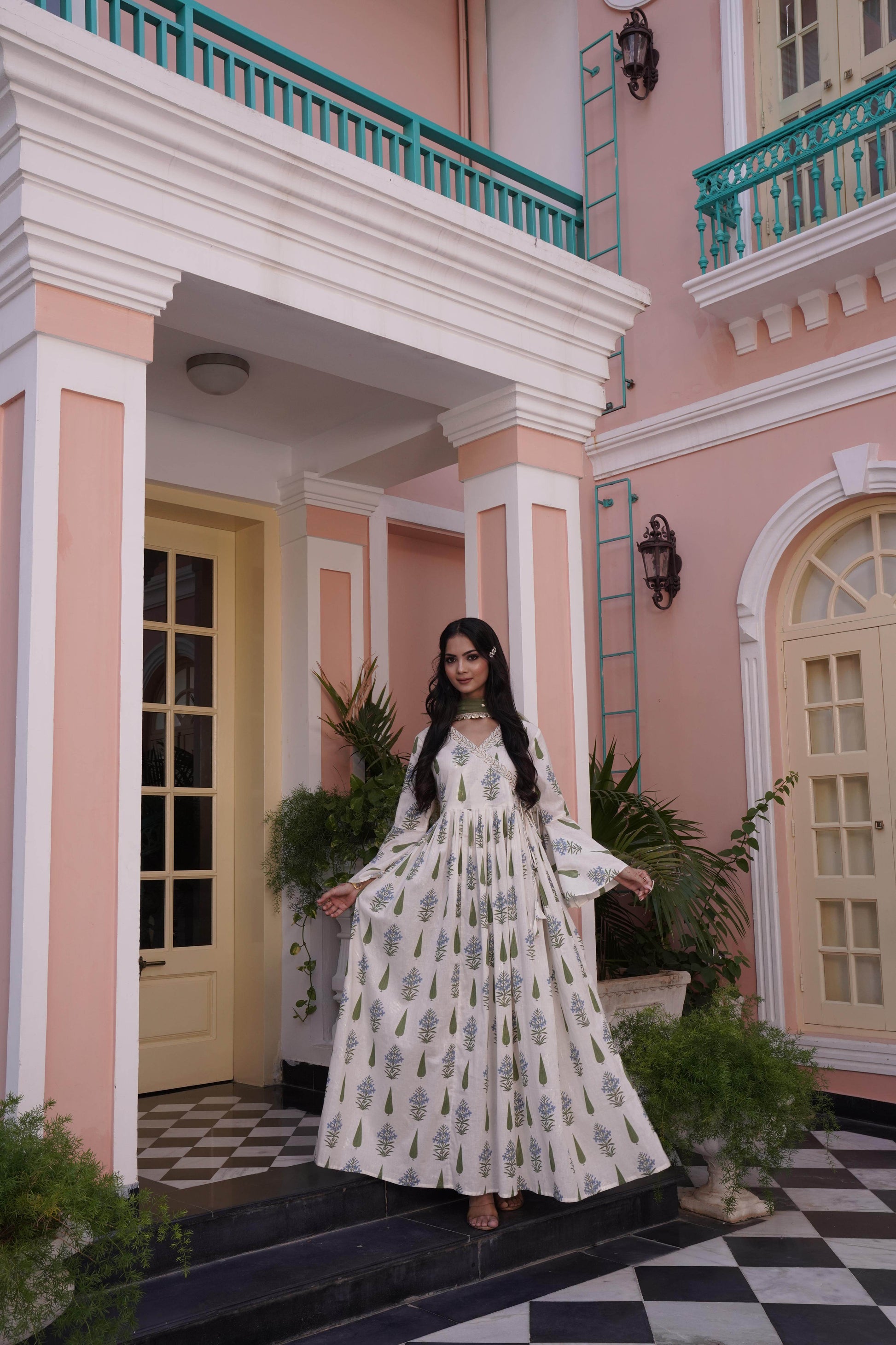 Angrakha Off-white Cotton Cambric Anarkali - BulBul