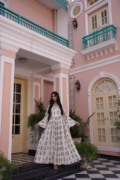 Angrakha Off-white Cotton Cambric Anarkali - BulBul