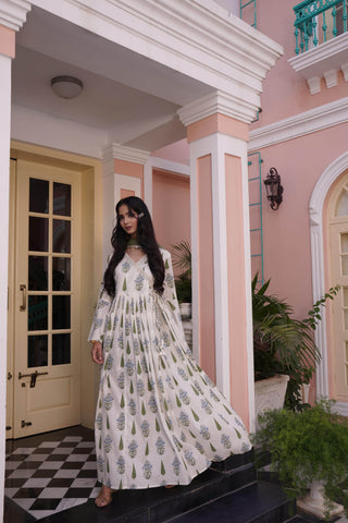 Angrakha Off-white Cotton Cambric Anarkali - BulBul
