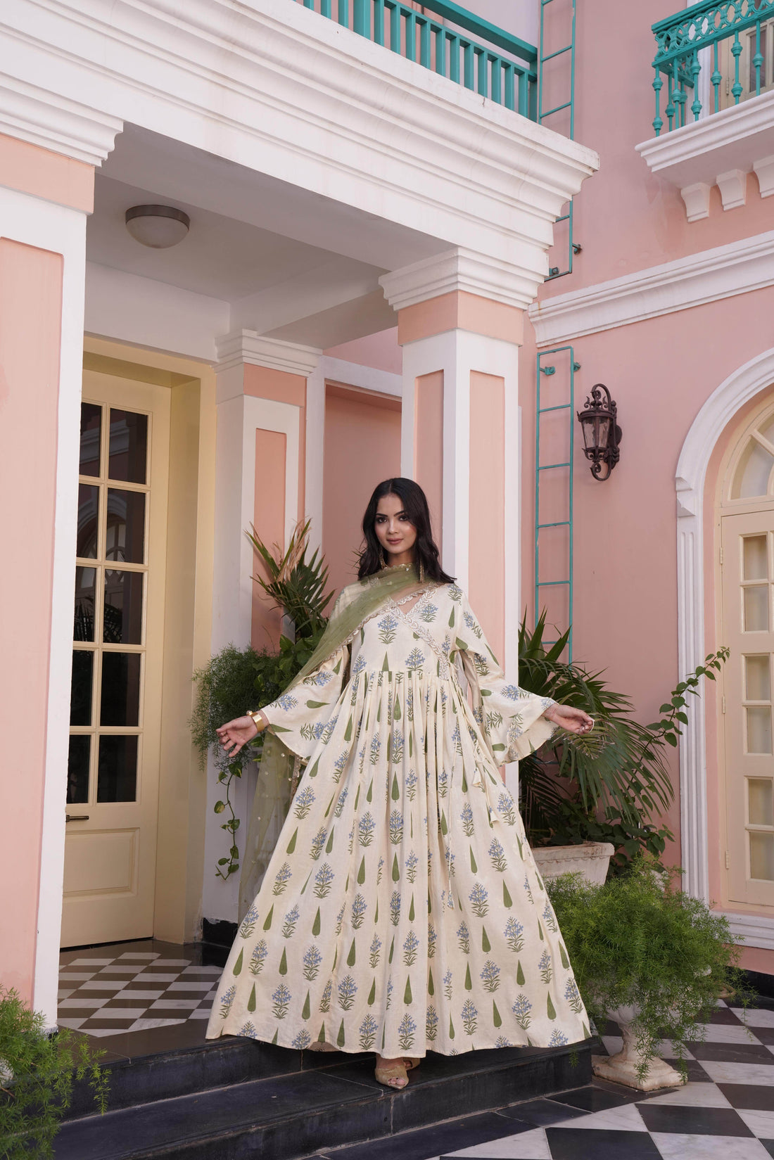 Angrakha Yellow Cotton Cambric Anarkali - BulBul