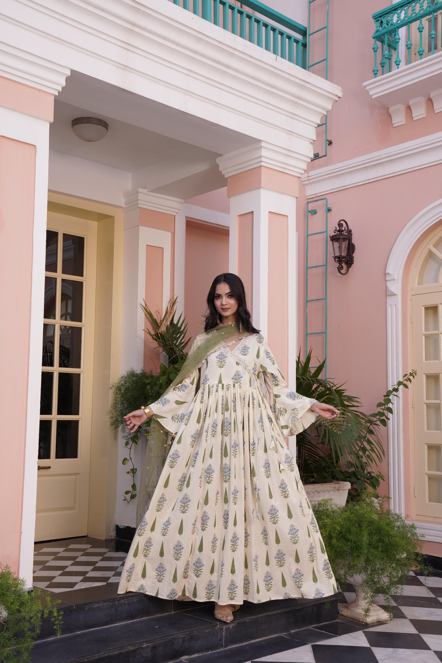 Angrakha Yellow Cotton Cambric Anarkali