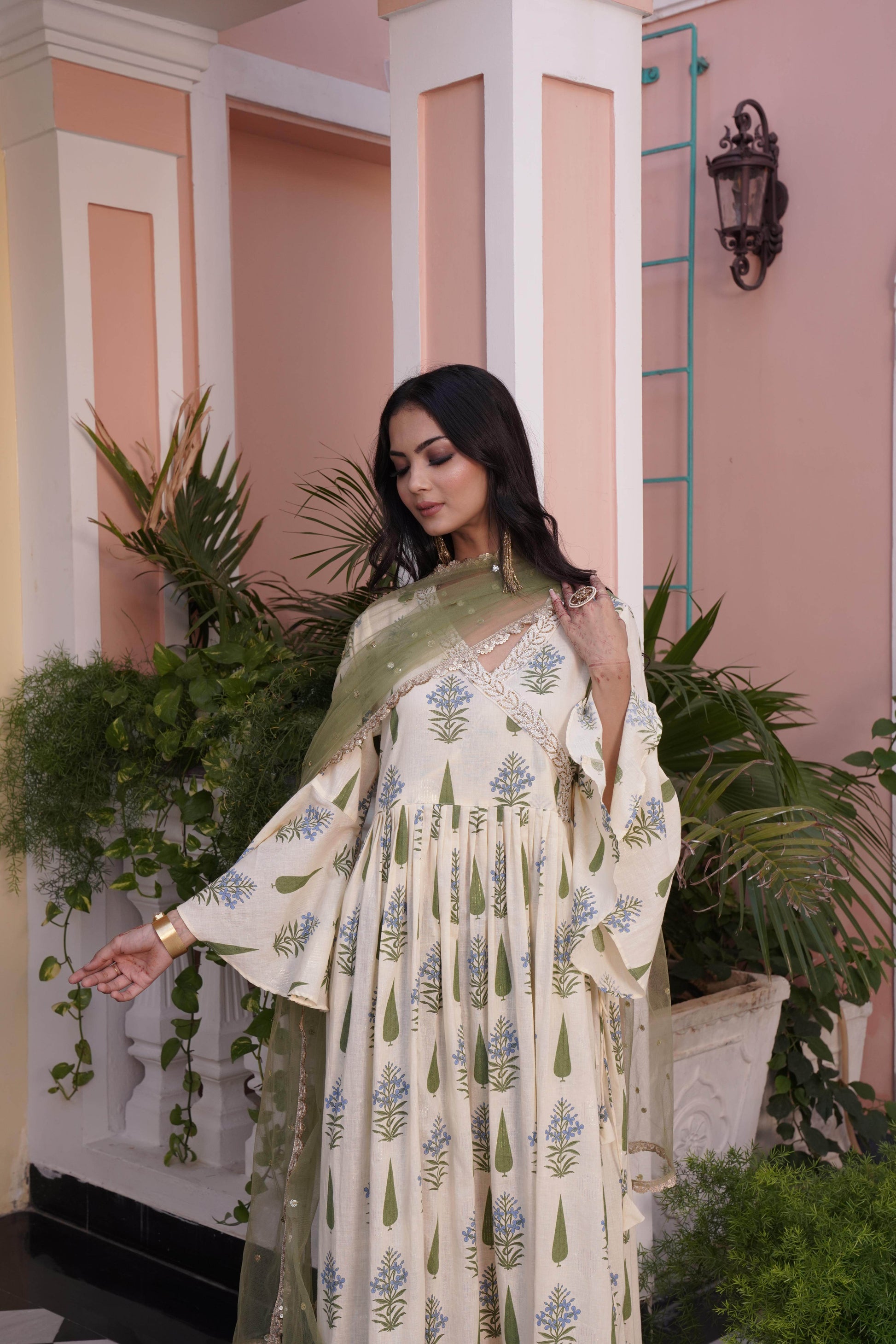 Angrakha Yellow Cotton Cambric Anarkali - BulBul