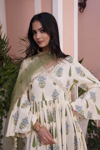 Angrakha Yellow Cotton Cambric Anarkali - BulBul