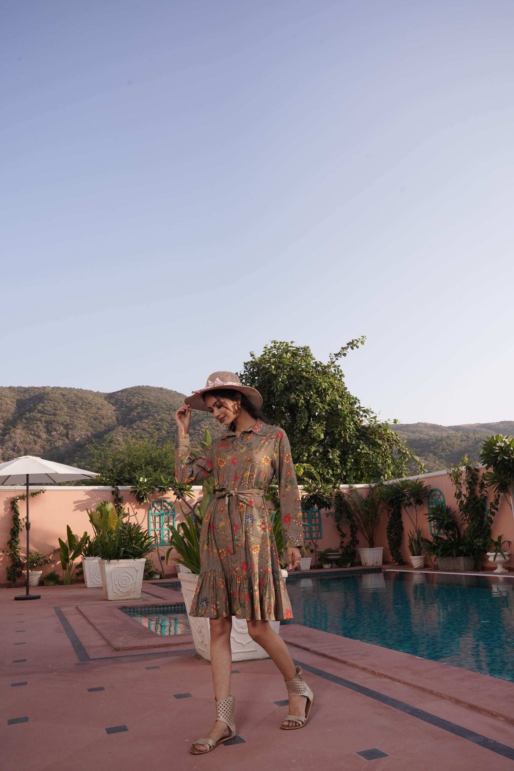 Flowery Green Cotton Midi Dress - BulBul