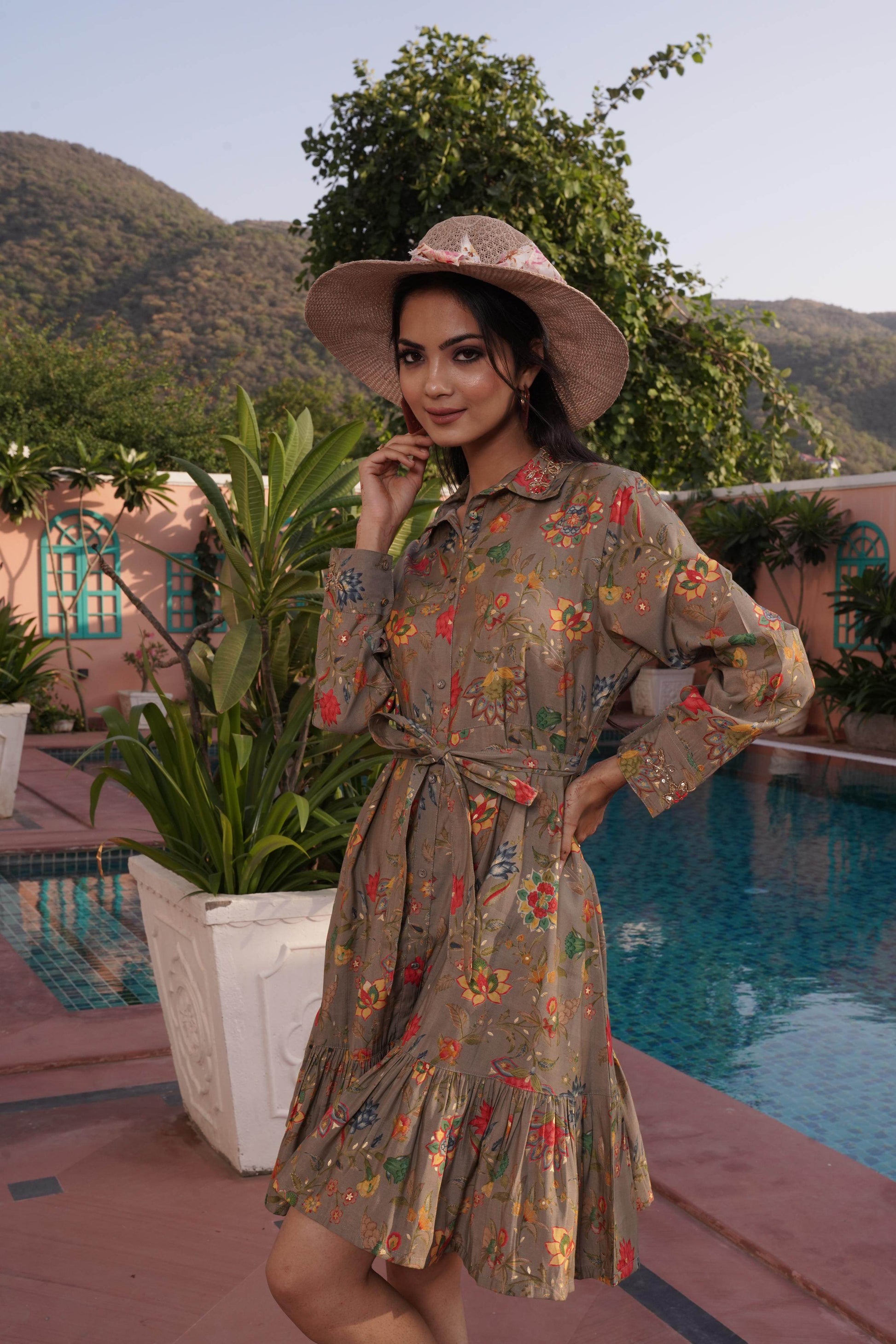 Flowery Green Cotton Midi Dress - BulBul