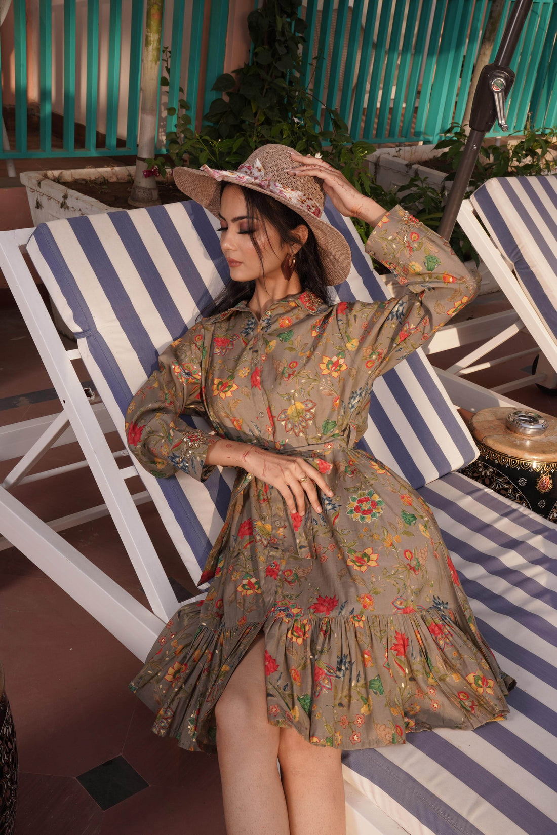 Flowery Green Cotton Midi Dress - BulBul