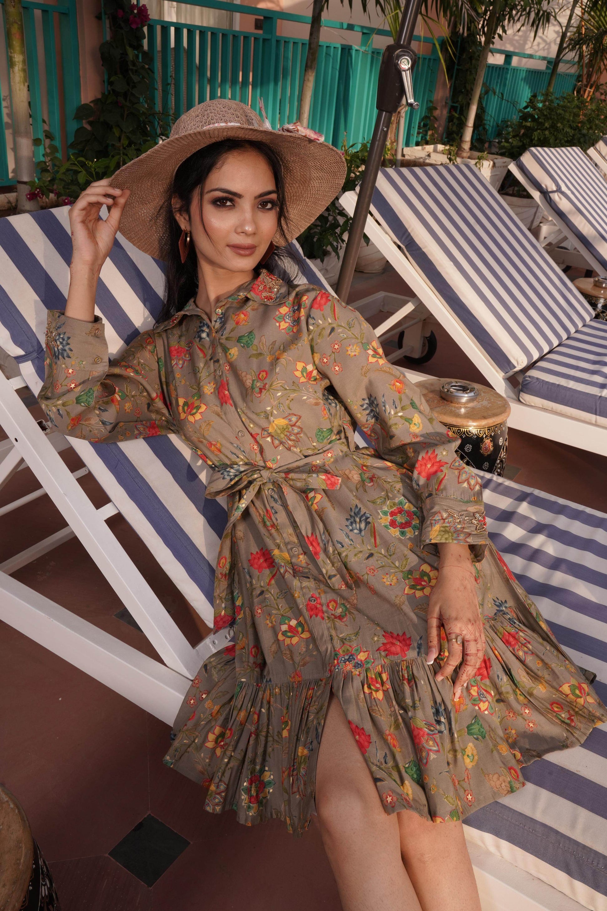 Green Floral Cotton Midi Dress