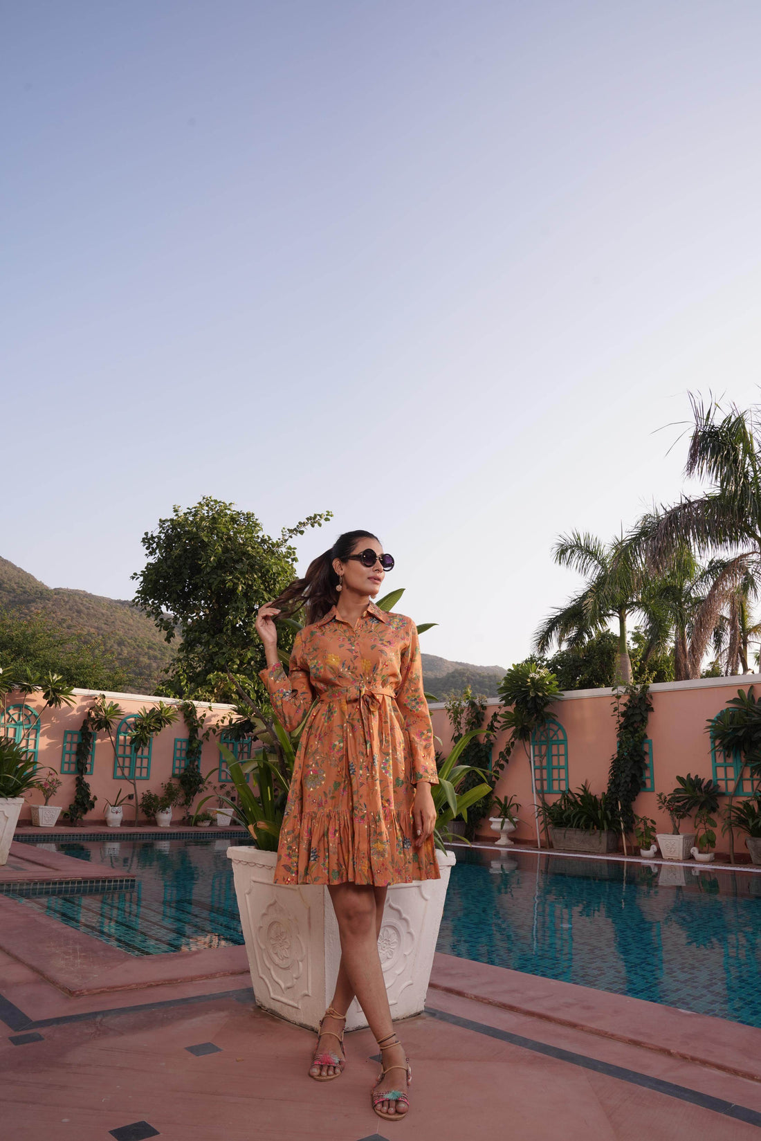 Flowery Orange Cotton Midi Dress - BulBul