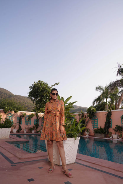 Flowery Orange Cotton Midi Dress - BulBul