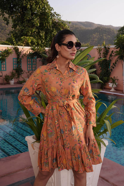 Flowery Orange Cotton Midi Dress - BulBul