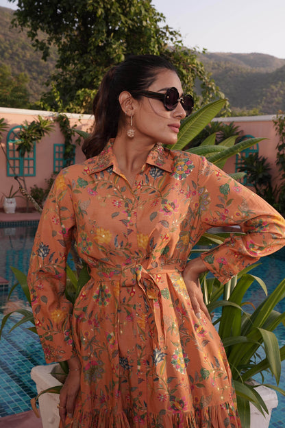 Flowery Orange Cotton Midi Dress - BulBul