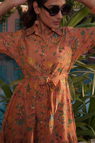 Flowery Orange Cotton Midi Dress - BulBul