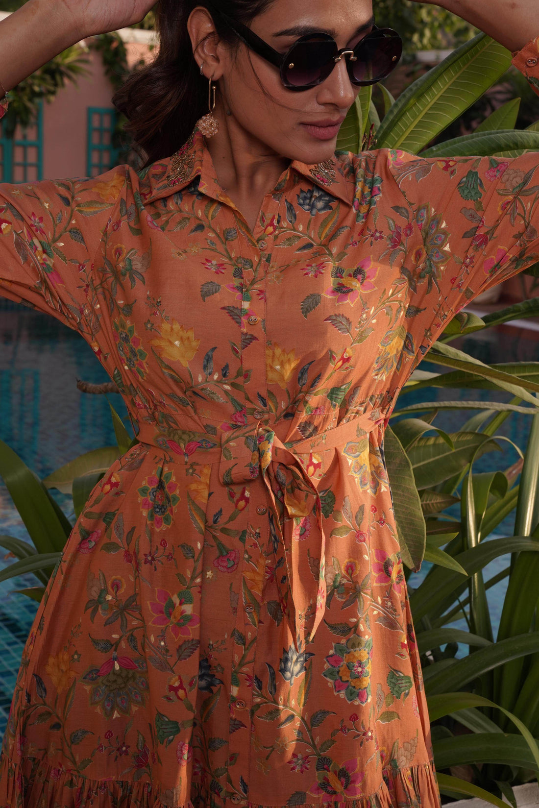 Flowery Orange Cotton Midi Dress - BulBul