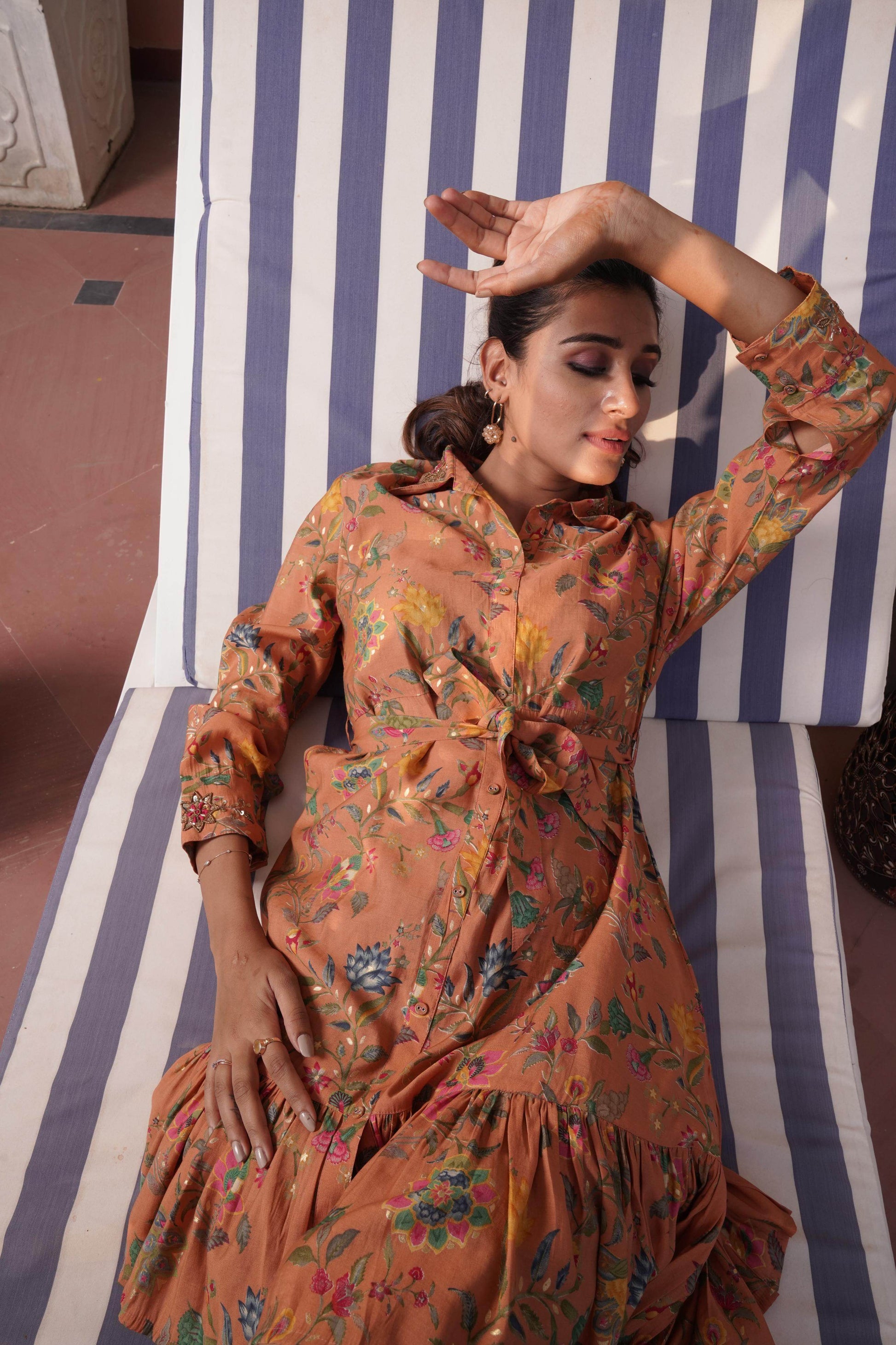 Flowery Orange Cotton Midi Dress - BulBul
