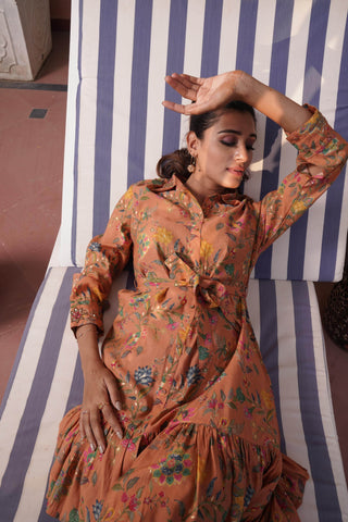Flowery Orange Cotton Midi Dress - BulBul