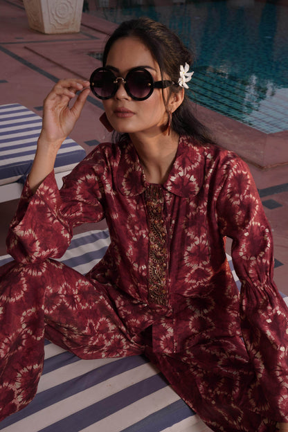 Aneri Maroon Chanderi Co-Ord Set - BulBul