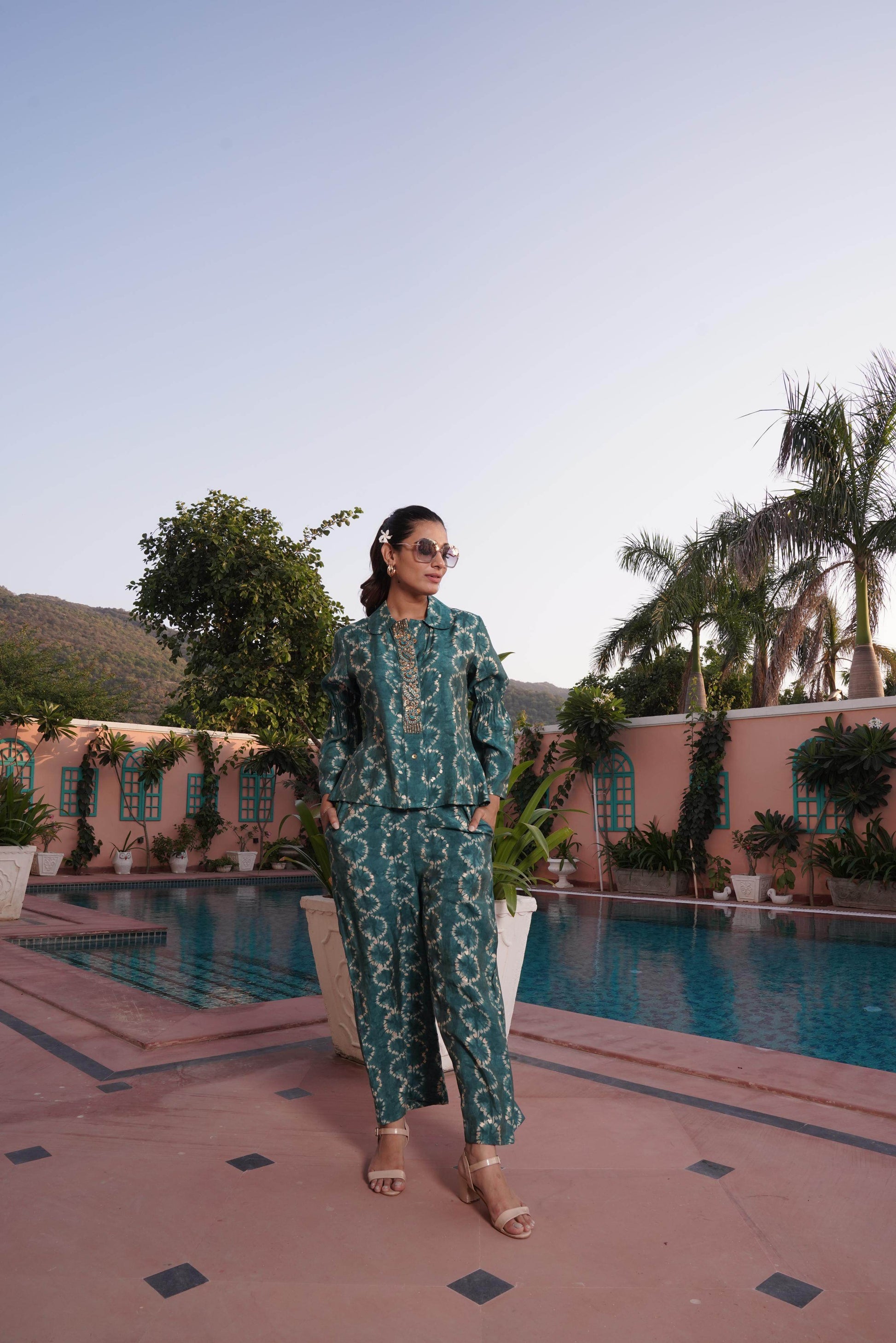 Aneri Teal Chanderi Co-Ord Set - BulBul