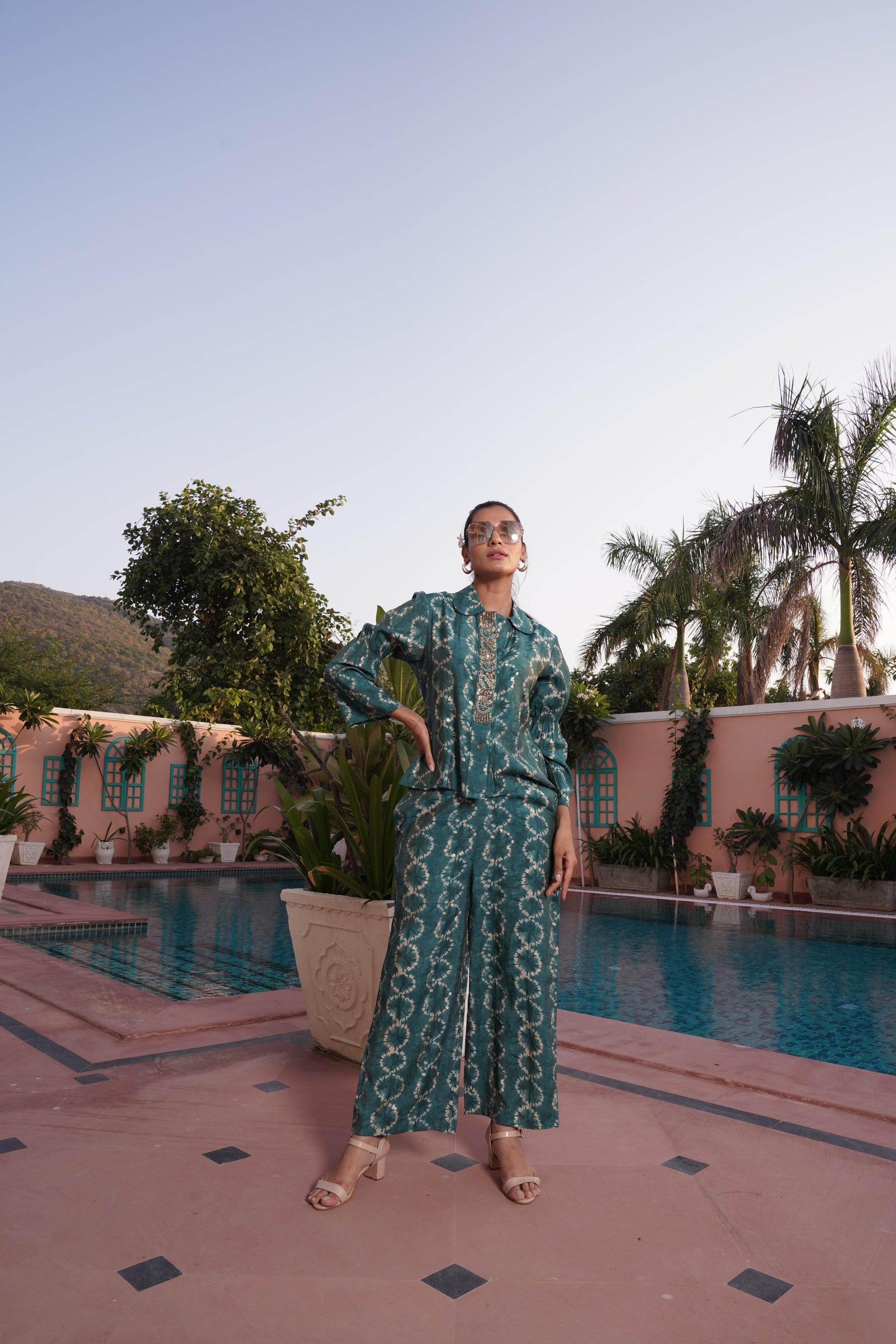 Aneri Teal Chanderi Co-Ord Set - BulBul