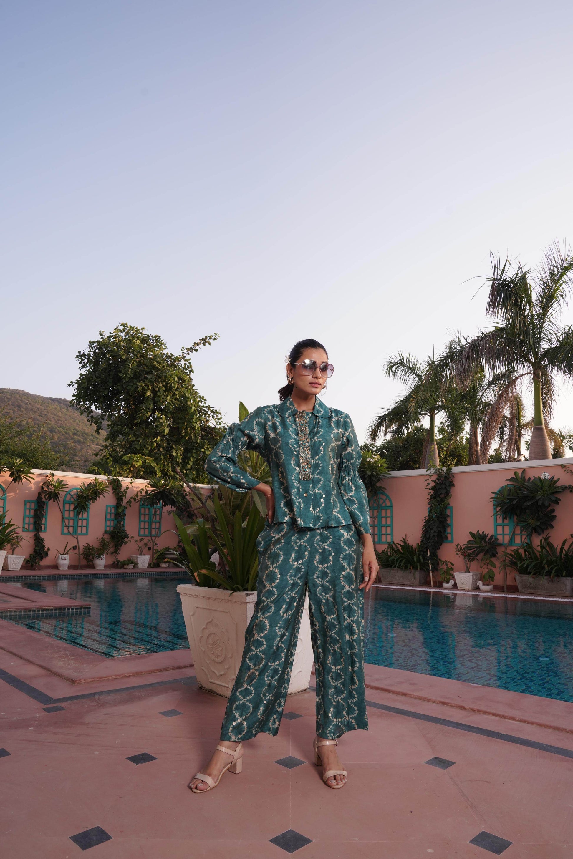 Aneri Teal Chanderi Co-Ord Set - BulBul