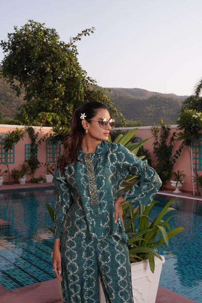 Aneri Teal Chanderi Co-Ord Set - BulBul