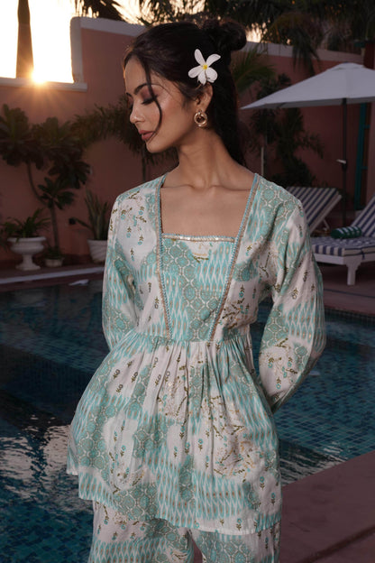 Dhriti Light Teal Chanderi Co-Ord Set - BulBul