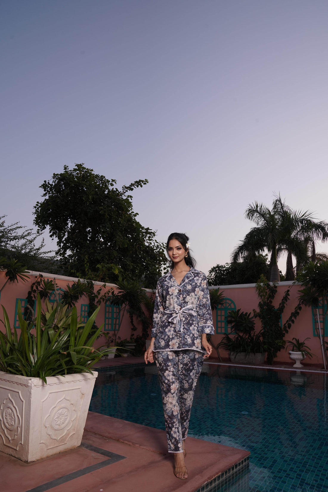 Blue Cotton Long Lace Co-Ord Set - BulBul