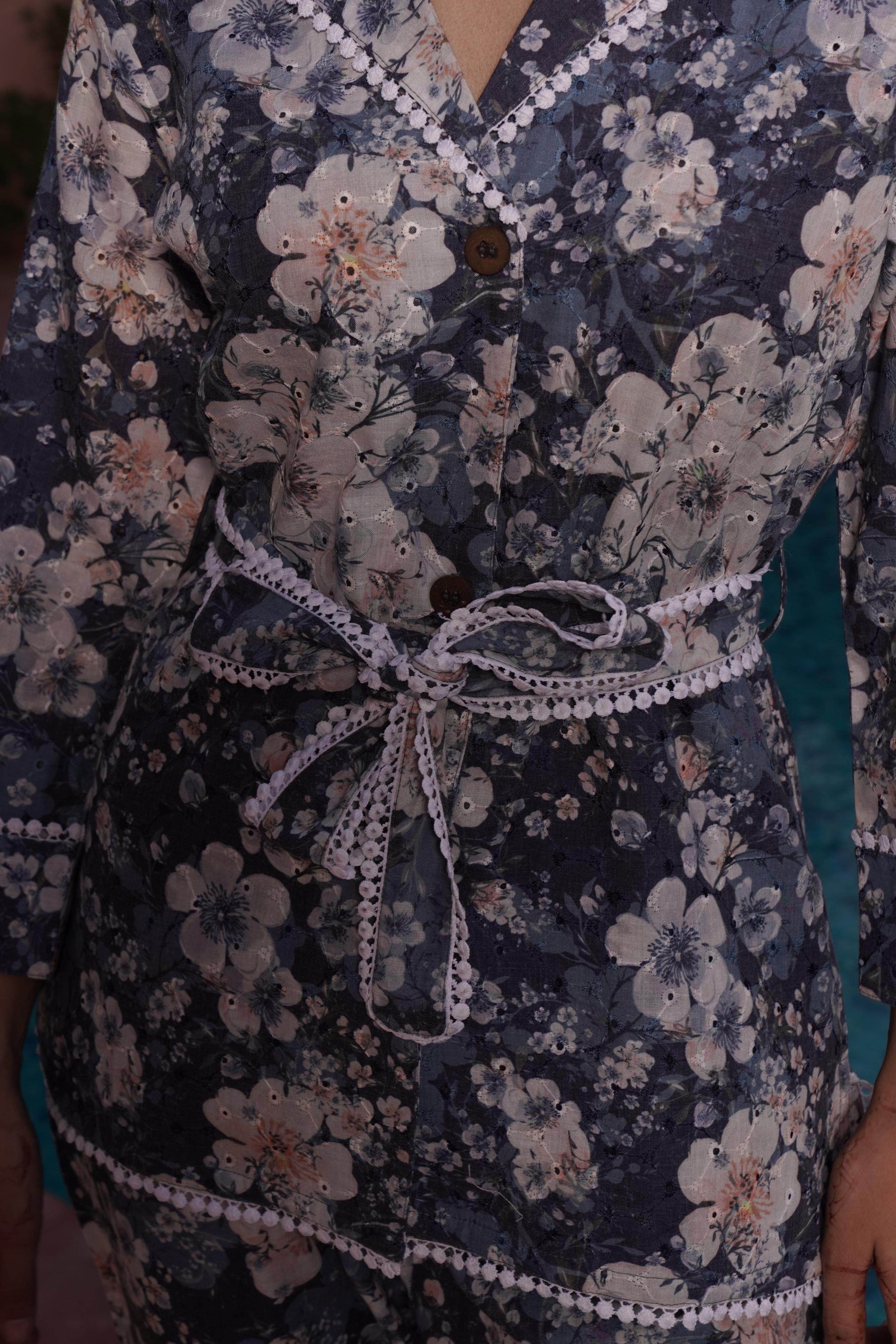 Blue Cotton Long Lace Co-Ord Set - BulBul