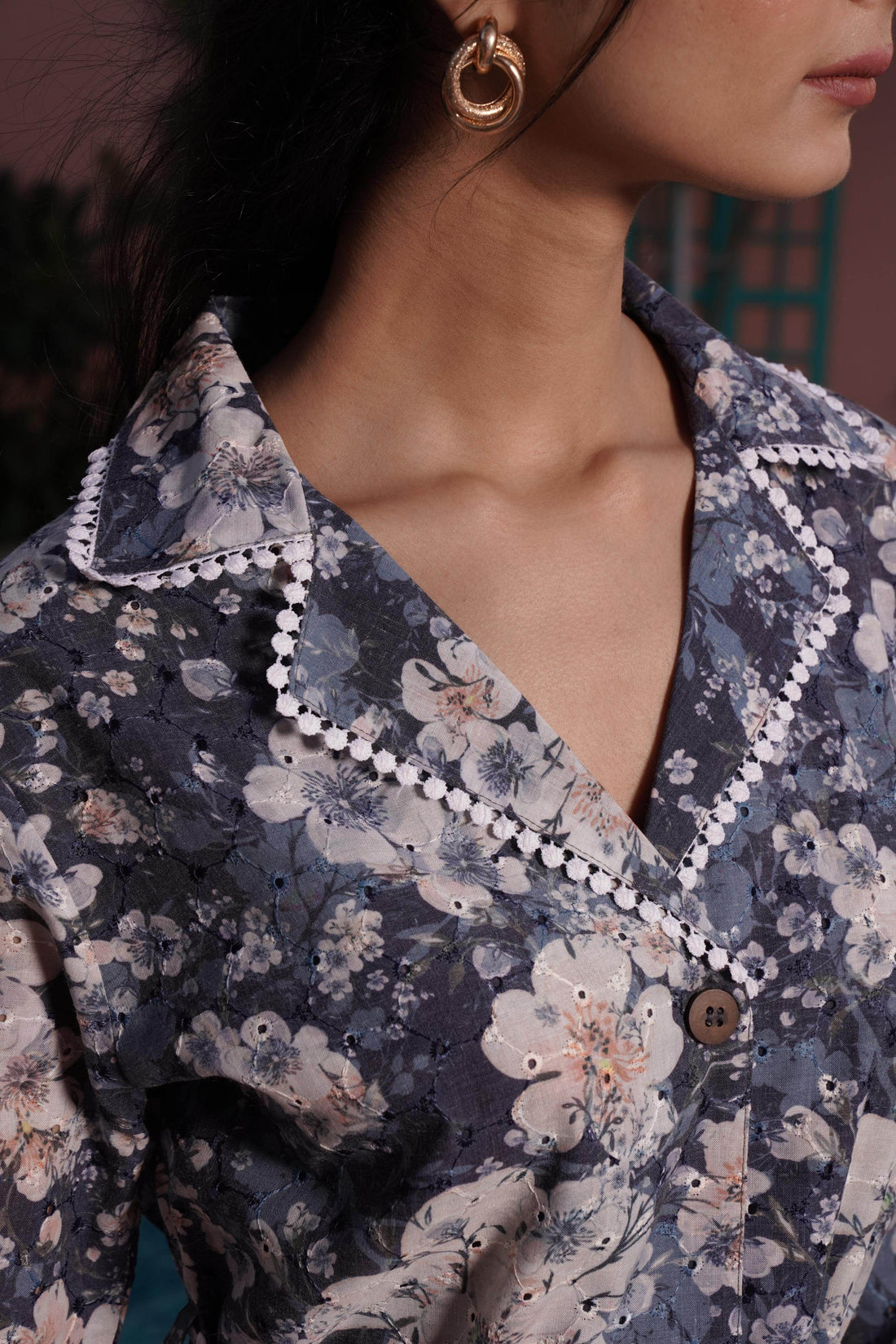 Blue Cotton Long Lace Co-Ord Set - BulBul