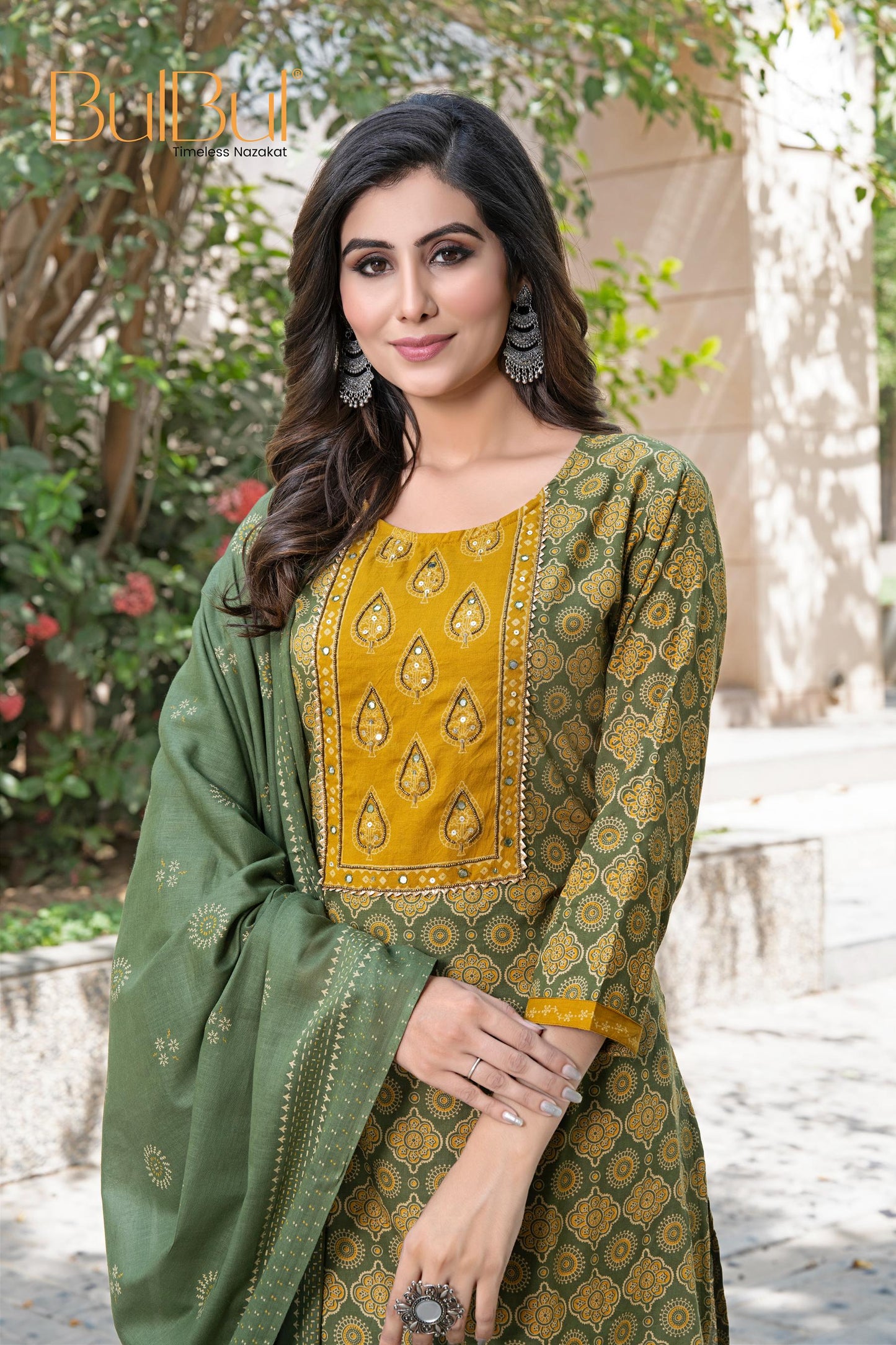 Aaliya Green Elegance Cotton Kurta Set with Embroidered Organza Dupatta