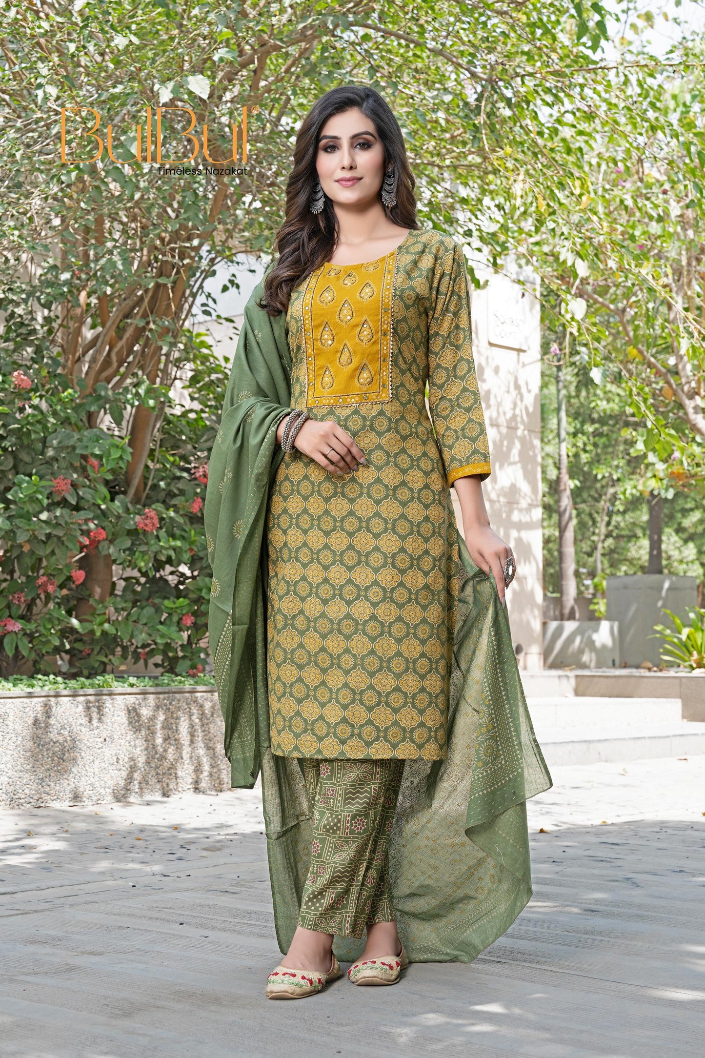 Aaliya Green Elegance Cotton Kurta Set with Embroidered Organza Dupatta