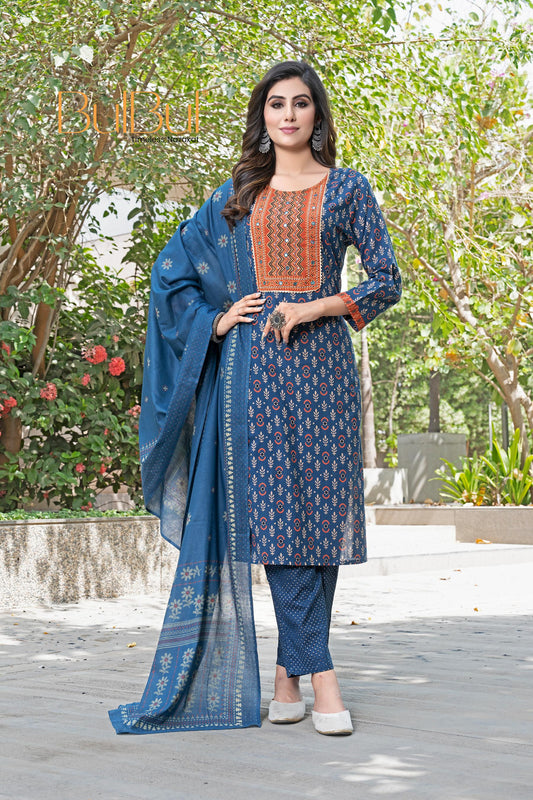 Aaliya Navy Cotton Kurta Set with Dupatta