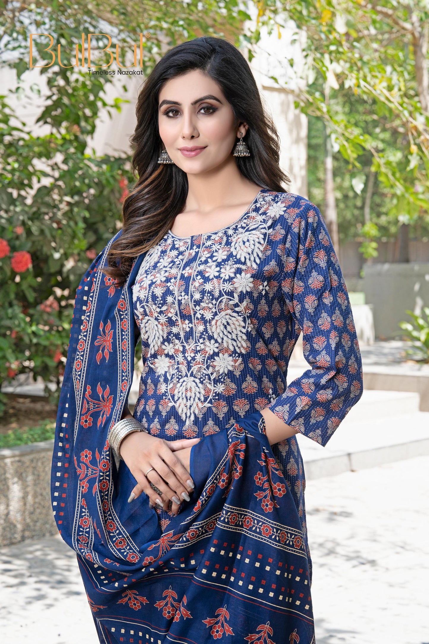 Navy Silk Abstract Kurta Set with Dupatta