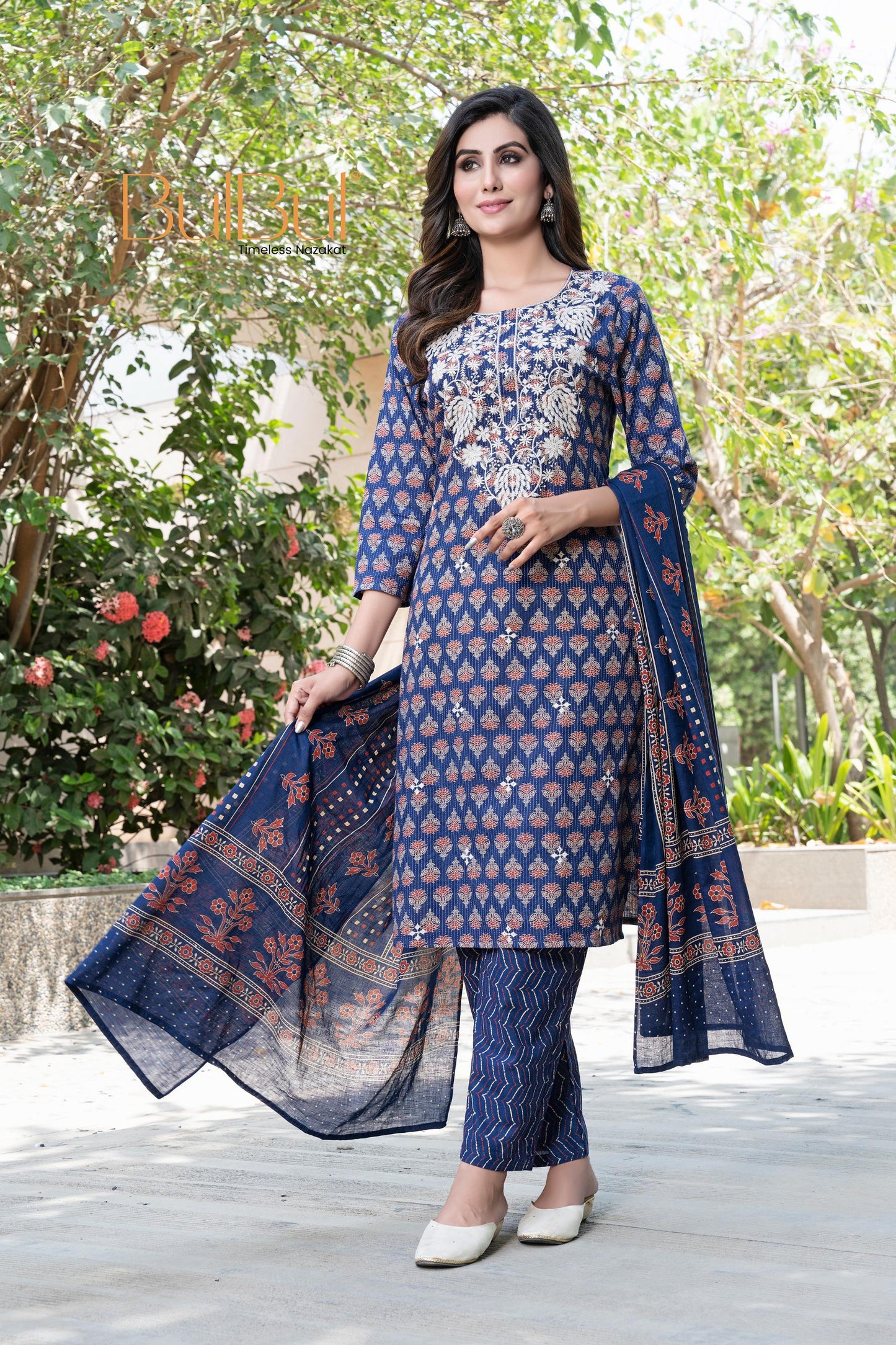 Navy Silk Abstract Kurta Set with Dupatta