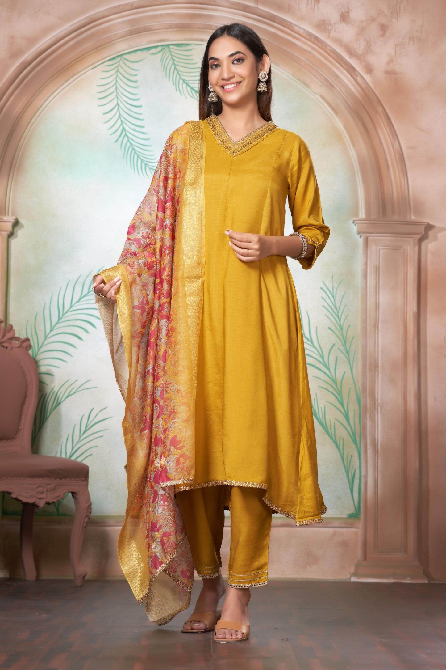 Shikha Muslin Mustard Kurta Set with Dupatta - BulBul