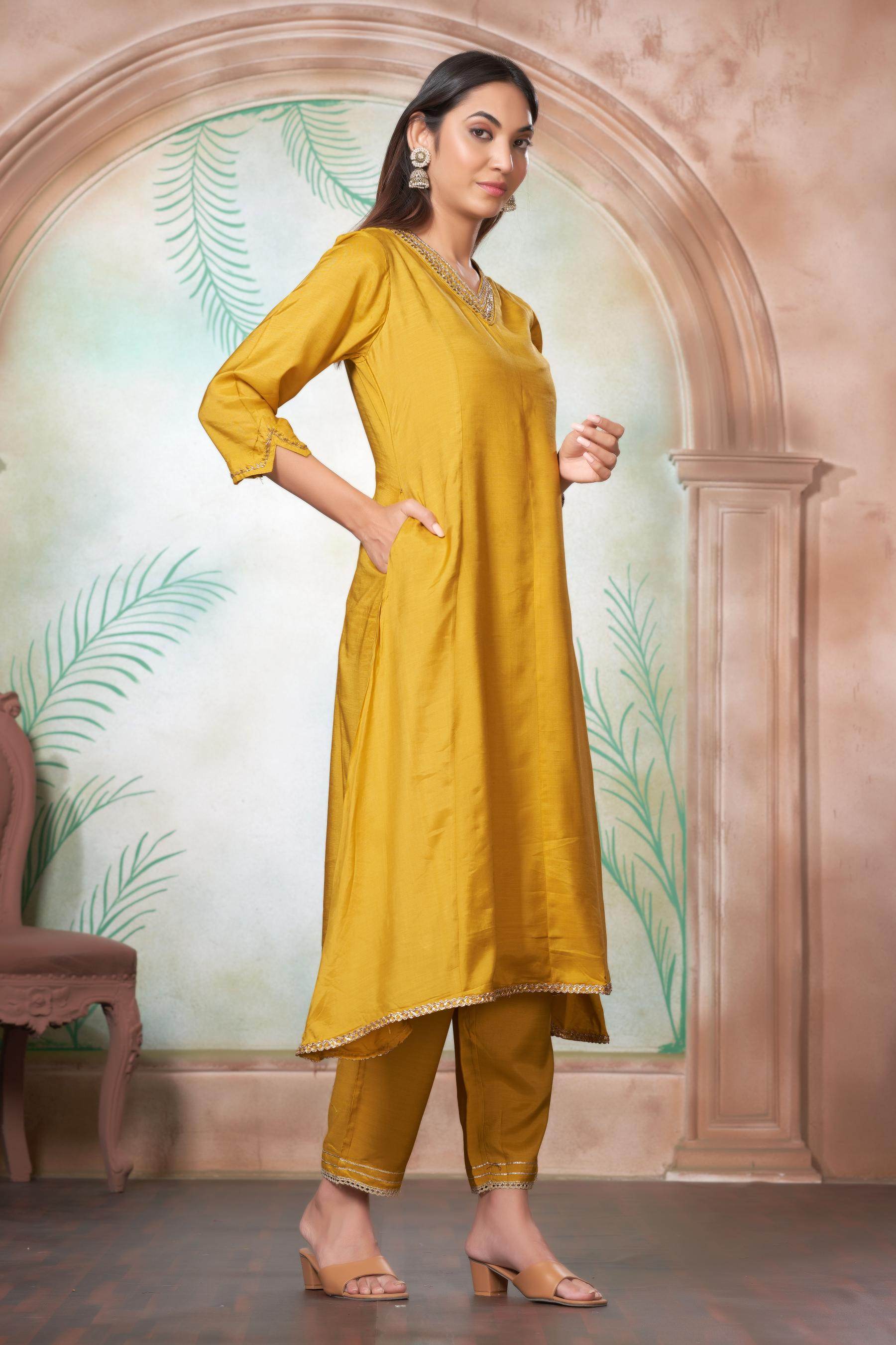 Shikha Muslin Mustard Kurta Set with Dupatta - BulBul