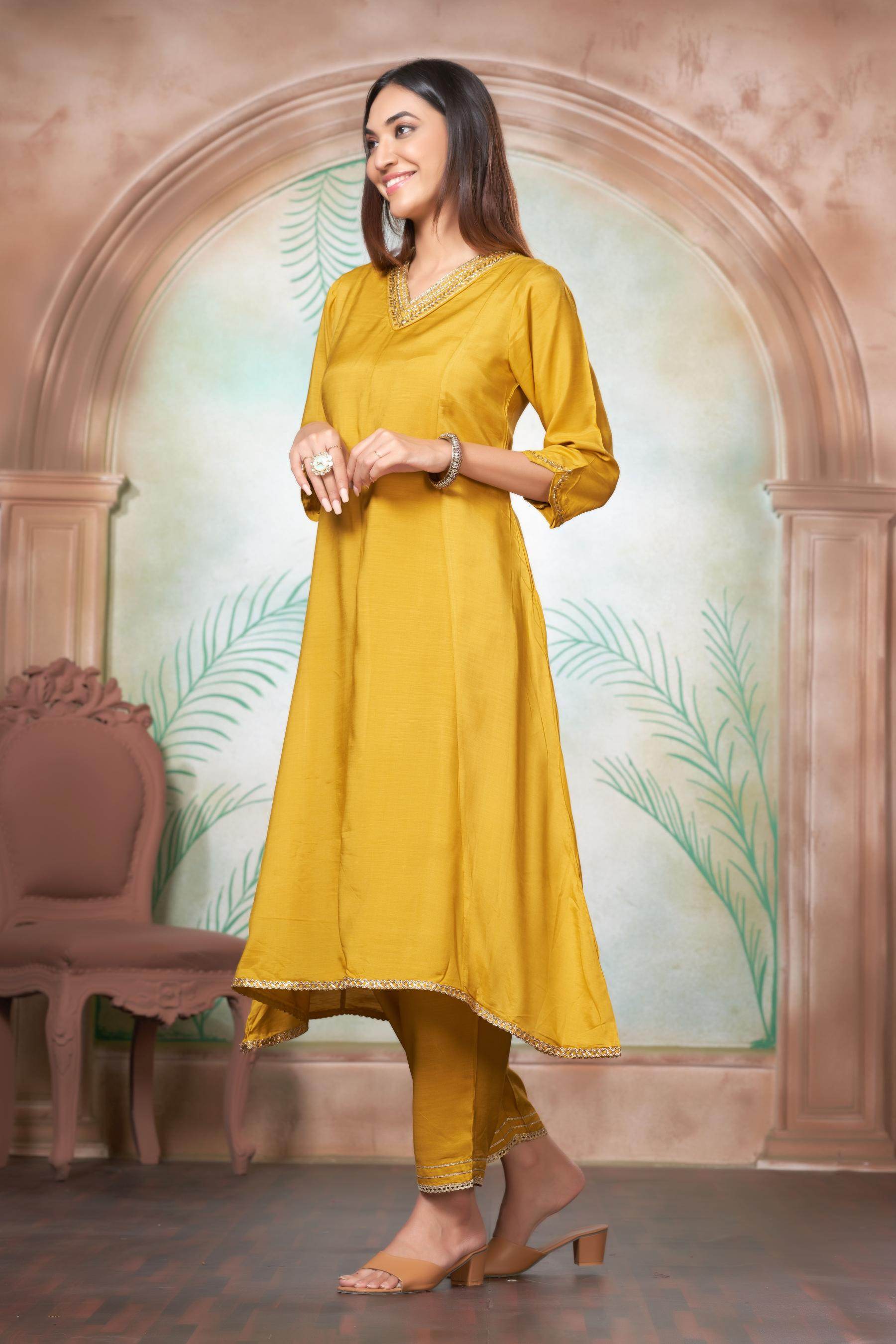Shikha Muslin Mustard Kurta Set with Dupatta - BulBul