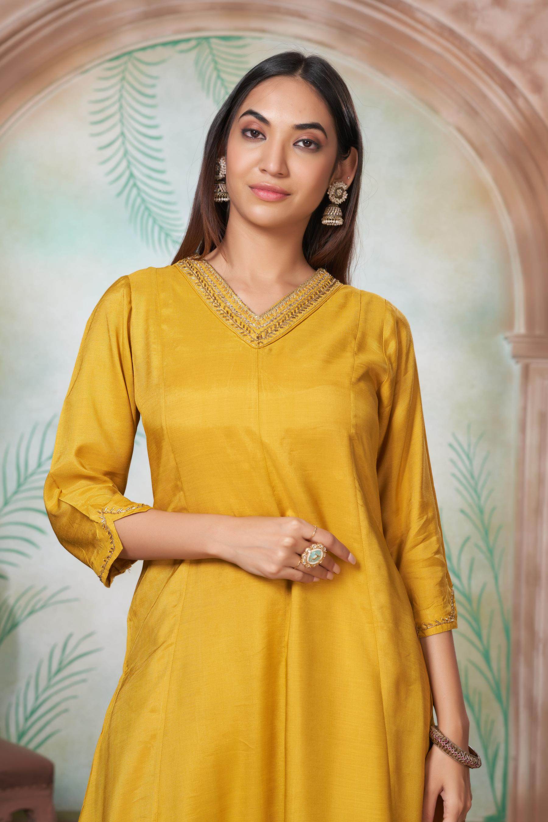 Shikha Muslin Mustard Kurta Set with Dupatta - BulBul
